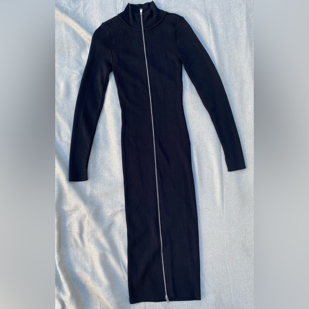 Zara Ribbed Black Long Sleeve Dress Ribbed Bodycon Full Double Zip Mock Neck SM